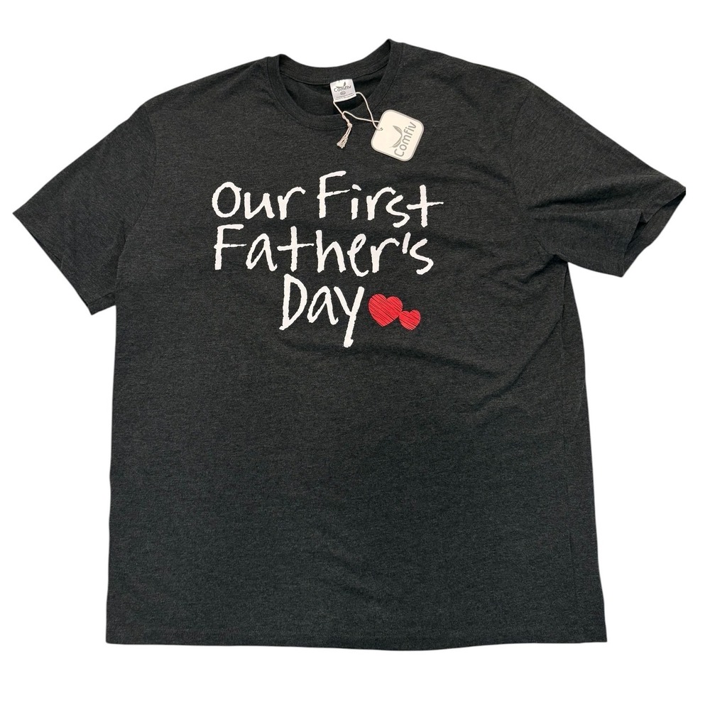 Comfiv Our First Fathers Day Mens XL Charcoal Gray Graphic Tee New Dad Shirt NWT